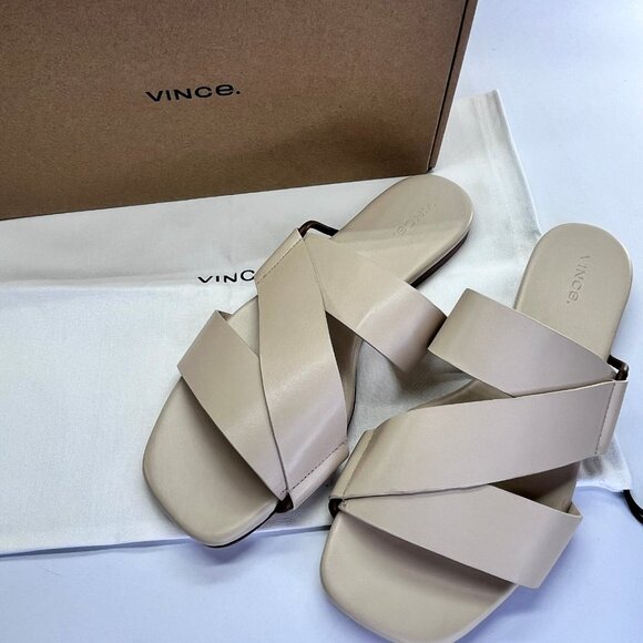 Vince Dylan Leather Flat Sandals Size 9.5M Beige Asymmetrical Slide Shoes - Picture 2 of 16